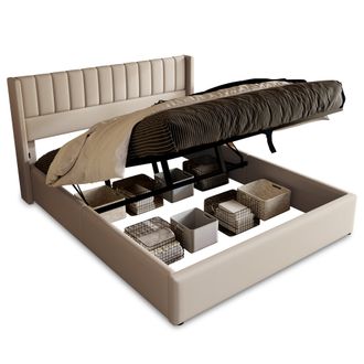 STILVORA Cama Canap&eacute; Doble 140 X 200 Cm De Lino, Apertura Hidr&aacute;ulica Y Cabecero Acolchado, Sin Colch&oacute;n, Beige
