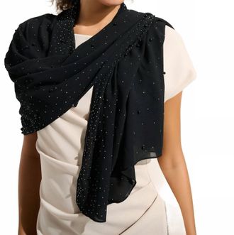 Joseph Ribkoff Chiffon Rectangular Scarf With Rhinestones And Pearls In Black
