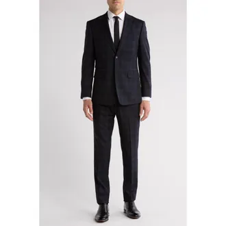 English Laundry Plaid Black Wool Blend Suit in Black/Olive at Nordstrom Rack, Size 44