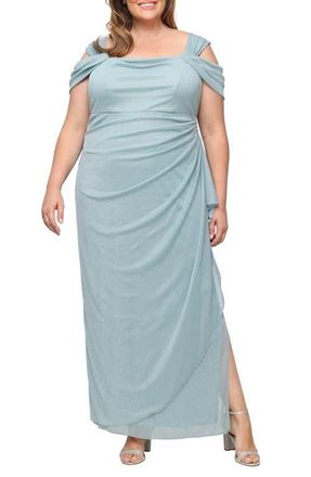 Alex Evenings Cold Shoulder Glitter Column Gown in Ice Sage at Nordstrom, Size 20W