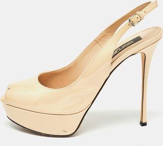 Sergio Rossi Beige Patent Leather Peep Toe Slingback Pumps