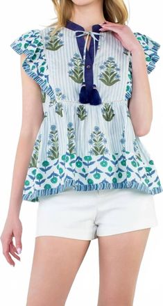 THML Clothing Got The Blues Flutter Sleeve Floral Tassel Tie Top
