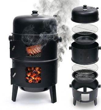 Relaxdays Relaxdays Smoker 3in1 Ahumar/asar/cocer, Hxbxt: 79 X 47,5 X 42 Cm, Acero, Term&oacute;metro Integrado, Negro