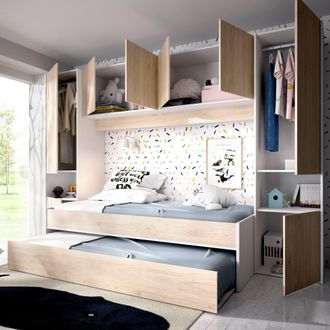 Dmora Cama Infantil Venturosa, Dormitorio Completo Con Armario Puente Y C&oacute;moda, Composici&oacute;n Con Cama Y Cama Nido Individual, 303x97h203 Cm, Roble Y Blanco -