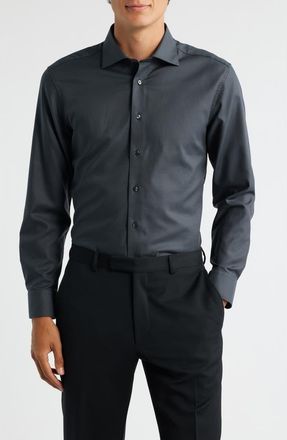Eterna Slim Fit Structured Cotton Twill Dress Shirt in Black at Nordstrom, Size 15.5 - L