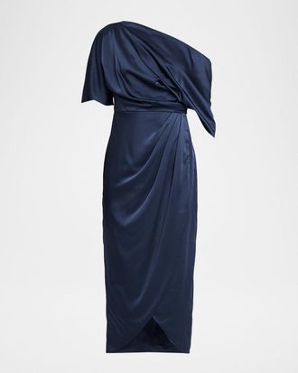 Theia Rayna Draped One-Shoulder Satin Midi Dress