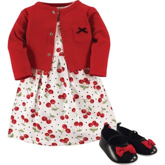 Hudson Baby Cotton Dress, Cardigan and Shoe Set in Cherries at Nordstrom, Size 6-9M