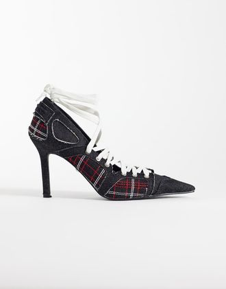 Azalea Wang Azalea Wang Firestring scarpe d&eacute;collet&eacute; sportive con tacco e lacci in denim e a quadri-Blu