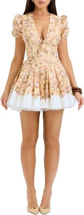 House of CB Imani Floral Print Pleated Cotton Minidress in Sunbleached at Nordstrom, Size X-Large A