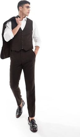 Asos Gilet da abito slim in misto lana marrone a spina di pesce