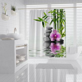 OEM Cortinas De Ducha - Bamb&uacute; Cymbidium 3d - Cortina De Ducha - 180 X 200 Cm - Con Gancho De Pl&aacute;stico - Para Ba&ntilde;o Y Aseo - Pebble Zen - Poli&eacute;ster