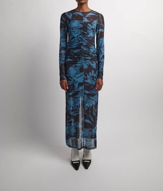 Ganni Printed Mesh O-Neck Ruched Long Dress In Blue Shadow
