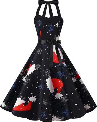Generic Christmas Dress Women Snowflake Xmas Hats Print Comfy Xmas Dress V-Neck Sleeveless Neck Strap Ladies Christmas Dresses Elegant Sexy Party Clothing Bre