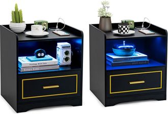 Costway Costway 2 Mesa De Noche Led, Mesita De Noche Inteligente Con 1 Puerto Usb Y 1 Type C, Estante Y Caj&oacute;n, 3 Colores De Luz, Iluminaci&oacute;n Ajustable, Inducc
