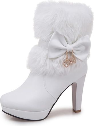 Generic Womens Round Toe Faux Fur Ankle Boots with Bow Charm High Stiletto Heels Side Zipper PU Leather Upper Dress Party Prom Shoes,White,5 UK