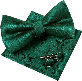Alizeal Mens Wedding Paisley Pre-tied Bow Tie, Pocket Square and Cufflinks Set, Dark Green