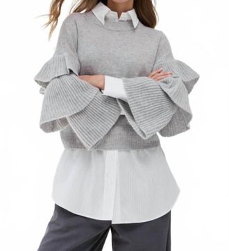 Autumn Cashmere Tiered Ruffle Sleeve Crewneck Sweater In Grey