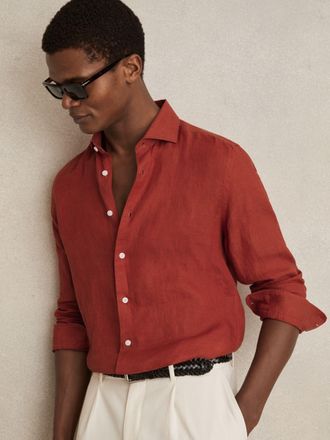 Reiss Paprika Red Linen Regular-fit Long-sleeve Shirt, Xxl