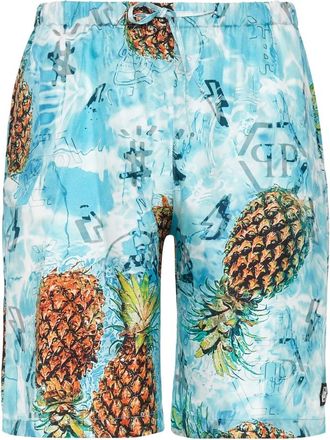 Philipp Plein Silk Shorts Pineapple Skies - Heren - Korte Broeken - Blauw - L - Korte Broeken