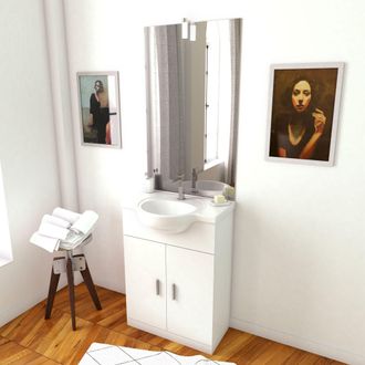 Aurlane Mueble De Ba&ntilde;o Blanco 60cm + Lavabo De Cer&aacute;mica + Espejo Con Aplique Led