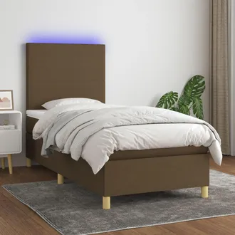 vidaXL Cama Box Spring Colch&oacute;n Y Luces Led Tela Marr&oacute;n Oscuro 90x190cm Vidaxl