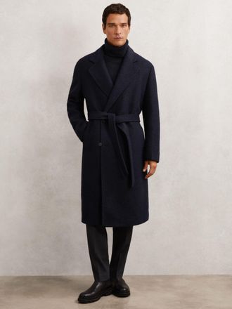 Reiss Navy Boucl&eacute; Double-breasted Overcoat Wool-blend, XL