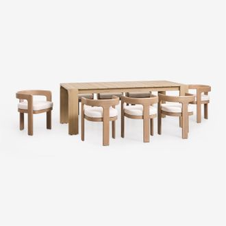 Sklum Set De Mesa Rectangular 220x100 Cm En Madera De Acacia Mirelen Y 8 Sillas De Comedor En Madera De Acacia Y Tela Boucl&eacute; Kandroa Sklum