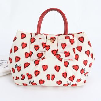 Prada Red Color White Nylon Leather Handbag Tote Bag (Pre-Owned)