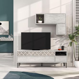 Decortie Decortie - Heaton Modern Tv Unit With Storage And Wall Shelf 144.6cm - Ancient White - Ancient White