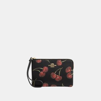 Coach Womens Corner Zip Wristlet With Cherry Print - Black Leather - One Size