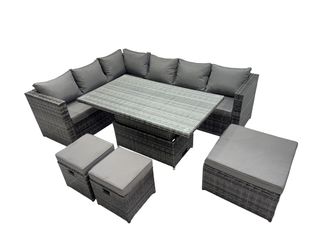 Fimous 9-seater Rattan Garden Furniture Dining Set with 3 Stools in Dark Grey