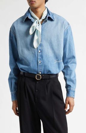 Jacquemus La Chemise de-N&icirc;mes Simon Denim Button-Up Shirt in Blue/Tabac at Nordstrom, Size 36 Us