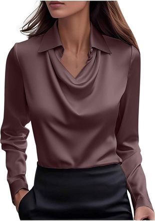 Generic Brown Satin Blouse for Women UK Elegant Cowl Neck Silk Party Tops Fashion Long Sleeve Office Work Shirts Casual Turndown Collar Tunic Shirt Streetwear