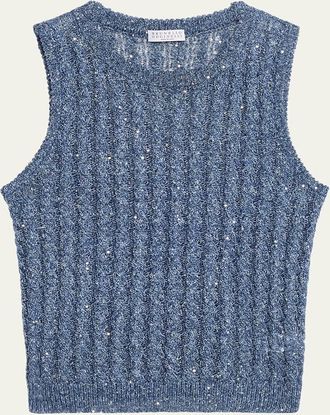 Brunello Cucinelli Linen Dazzling Cable Openwork Knit Tank Top