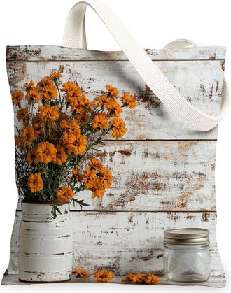 Generic Spring Marigolds Flower Canvas Tote Bag for Shopping 13x15, Farmhouse Rustic Florals Reusable Grocery Print Bag for Women, Country Beach Aesthetic Pai