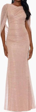 Betsy & Adam Crinkle Cowl Metallic Knit Long Drape Gown In Champagne