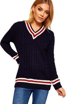 Crazy Girls New Ladies V Neck Cable Knitted Cricket Jumper Womens Stretch Long Sleeve Stripe Top (12/14, Navy)