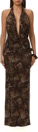 Naked Wardrobe Deep Plunge Draped Leopard Print Maxi Dress in Spotted Leopard at Nordstrom, Size X-Large