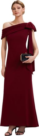 Ever-pretty Women Evening Dress Floor Length Wedding Guest Dresses Knit Asymmetrical with Empire Waist and Sleeveless Dark Red 14UK