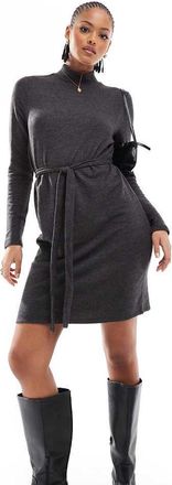 Vero Moda Tall high neck knit mini dress with tie waist in black