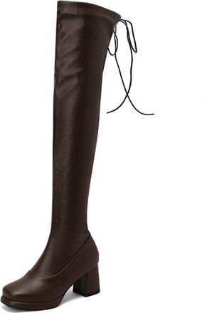 Generic Womens Elastic Lace Up Over The Knee Thigh High Boots Square Toe Platform Block Heels Winter Dress Shoes (7.5,Brown)
