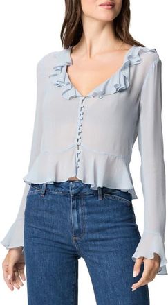 Paige Getty Long Sleeve Chiffon Ruffle Top in Stardust Blue at Nordstrom, Size Xx-Small