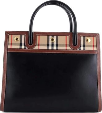 Burberry Title Two Handle Tote Leather with Vintage Check Canvas Small satchel - Zwart