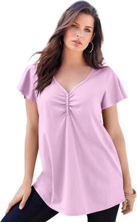 Roaman's Plus Size Cotton Ultimate Flutter Sleeve Sweetheart Tee in Pale Lavender at Nordstrom, Size 36