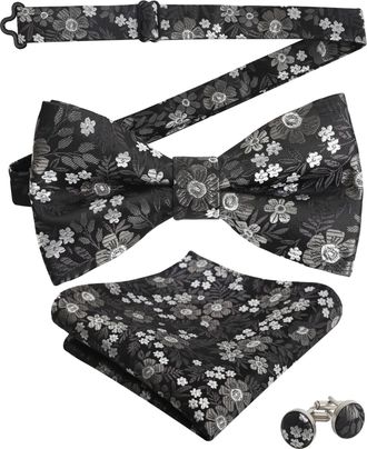 Alizeal Mens Floral Pattern Pre-tied Bow Tie, Pocket Square and Cufflinks Set, Black+Gray+White