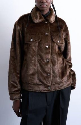 Topshop Faux Fur Western Trucker Jacket in Brown at Nordstrom Rack, Size X-Small