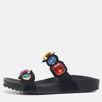 Sophia Webster Black Suede Crystal Embellished Flat Sandals Size 38