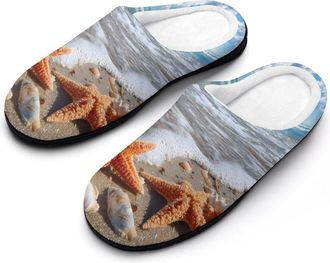 Generic Beach Starfish Mens House Slippers Memory Foam Washable Cotton Slip on Home Shoes