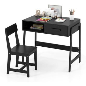 Costway Set Tavolo e Sedia Bambini 3+ Anni, Scrivania e Sedia Legno Sicuro con Cassetto, Scrivania Ergonomica per Studio e Disegno (Nero)
