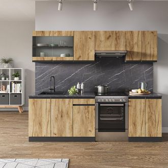 Vicco Mueble De Cocina Raul, Roble Dorado, 240 Cm Sin Encimera Con Tira De Led